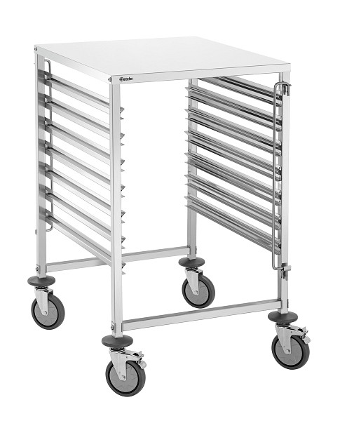 Bartscher Regalwagen 7GN2/1, Eigenschaften: Je eine Behältersicherung an Vorder- und Rückseite, Rahmen aus Vierkantrohr 26 x 26 mm, 300193