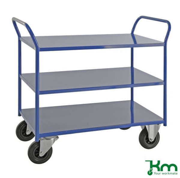 Kongamek Etagenwagen mit 3 Böden, vollständig geschweißt, 1070 x 550 x 975 mm, Blau, 2 Bockrollen 2 Lenkrollen mit Bremse, KM4169-BB