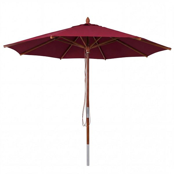 Mendler Gastronomie Holz-Sonnenschirm HWC-C57b, Gartenschirm, Polyester/Holz 14kg, rund Ø3m Seilzug stoßsicher, bordeaux, 120488