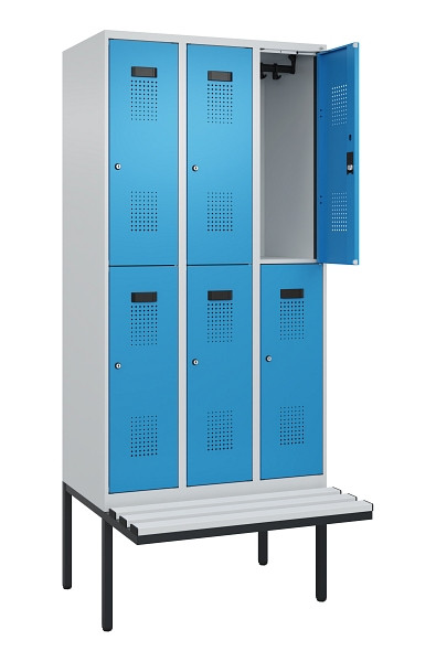C+P Doppelstock-Spind Evolo PLUS, Bank, 6 Fächer, 2120x900x815mm, 7035/5012, Zylinderschloss, Sitzfläche Kunststoff, 0493407-30 S10115