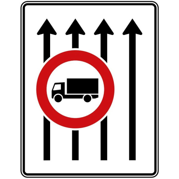 Stein HGS Fahrstreifentafel ohne Gegenverkehr, RA2/Alform, ohne Entfernungsangabe, 1600x1250mm, 4 Streifen in Fahrtrichtung, 3 Streifen mit Verbot für Kraftfahrzeuge über 3,5 t, 524-32-122