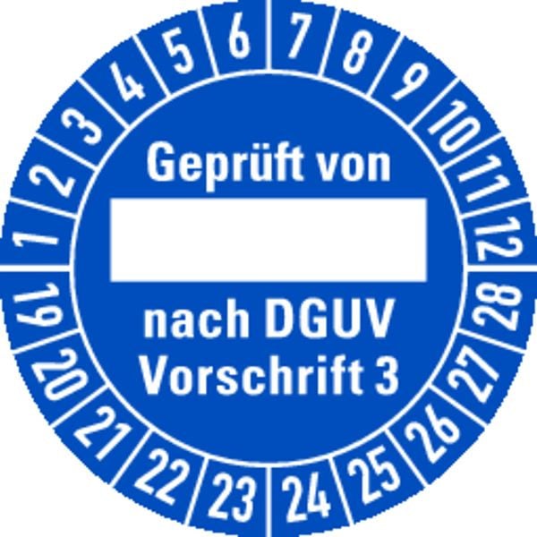 Schilder Klar Prüfplakette Geprüft von, nach DGUV Vorschrift 3 ab 23 blau/weiß (alte Norm: BGV A3), 30 mm Dokumentenfolie, VE: 40 Stück, 49/04.23