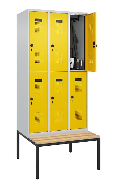 C+P Doppelstock-Spind Evolo PLUS, Bank, 6 Fächer, 2120x900x815mm, 7035/1023, Drehriegel, Sitzfläche Buche-Hartholz, Sitzbank, 0493507-30 S10001