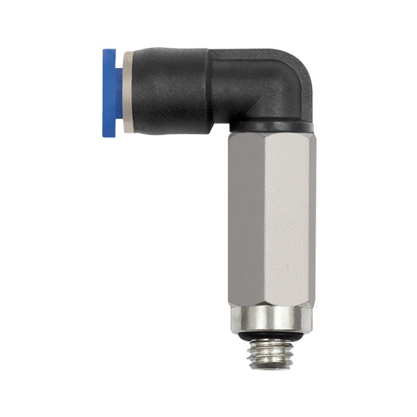 Riegler L-Steckverschraubung »Blaue Serie« mini, lang, drehbar, M3, für Schlauch-Außen-Ø 3 mm, pmax 10 bar, Kunststoff/Messing vernickelt, 148827
