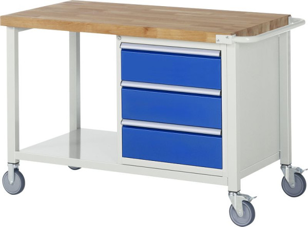 RAU Fahrbare Werkbank 8000 - Modell 8157, B1250 x T700 x H880-1080 mm, Systemunterbau B1245 x T650 mm, 3 Schubladen, 05-8157A6-127B4H.11