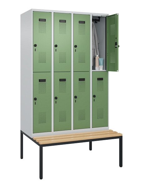 C+P Doppelstock-Spind Evolo PLUS, Bank, 8 Fächer, 2120x1200x815mm, 7035/6011, Drehriegel, Sitzfläche Buche-Hartholz, Sitzbank, 0493507-40 S10010