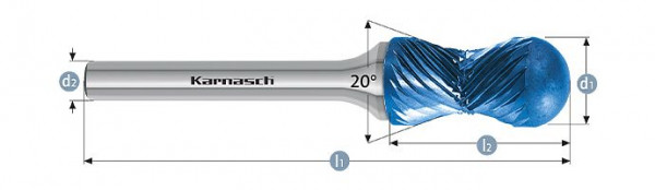 Karnasch Hartmetall-Frässtift Blue-Tec beschichtet d1= 12,0 / l2= 25 / d2= 6 / l1= 70mm Combi+Curve, 116021100