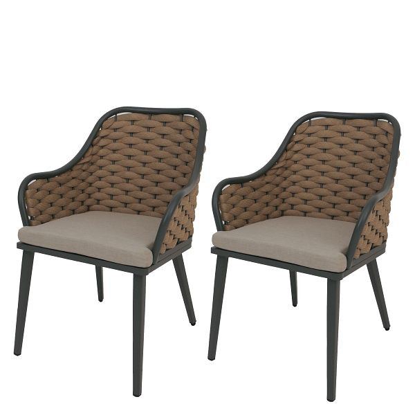 Mendler 2er-Set Aluminium-Gartenstuhl HWC-O16, Outdoor Stuhl, Olefin (200 g/m²) Seilgeflecht Rope, beige Kissen hellbraun, 110766