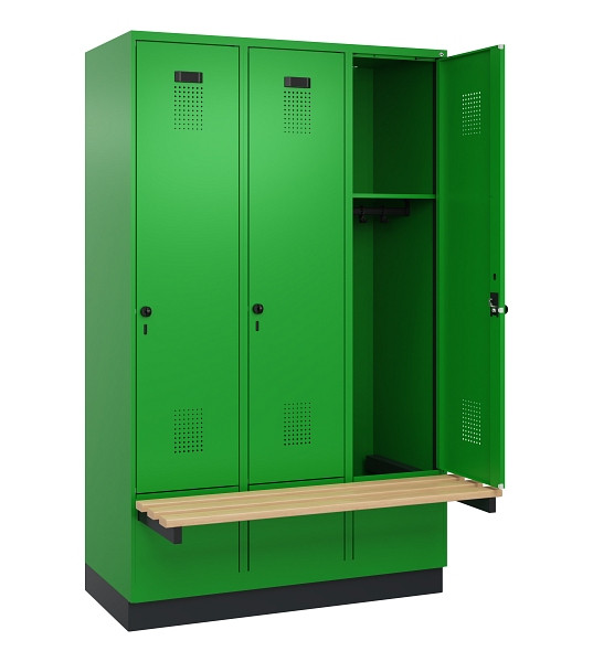 C+P Spind Evolo PLUS, 3 Abteile, 1950x1200x815mm, 6037/6037, Drehriegel, Sitzfläche Holz, Sitzbank auskragend Sockel, 049040-32 S10026