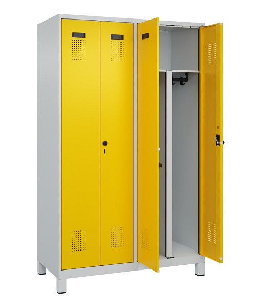 C+P PSA Schwarz-Weiß-Spind Evolo PLUS, mit Füßen, 4 Abteile, 1950x1200x500mm, 7, RAL 1023 Verkehrsgelb, Drehriegel, 049012-40P S10001
