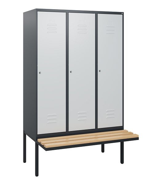 C+P Umkleidespind Classic PLUS, 3 Abteile, 1950x1200x815mm, 7016/7035, Zylinderschlösser, Buche-Sitzleisten, 0800405-32 S10028