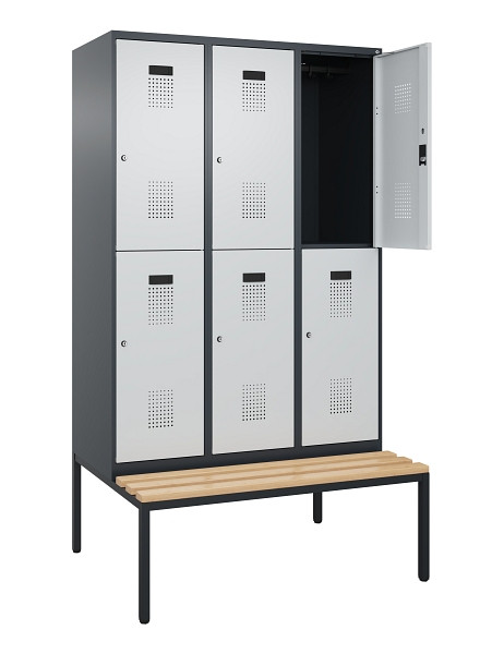 C+P Doppelstock-Spind Evolo PLUS, Bank, 6 Fächer, 2120x1200x815mm, 7016/7035, Zylinderschloss, Sitzfläche Buche-Hartholz, Sitzbank, 0493507-32 S10044