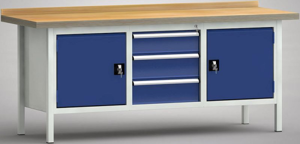 KLW Standard-Werkbank - 2000 x 700 x 900 mm L x T x H (ERGO-Version), links & rechts Türe 500 mm, mittig 150EA/2x175EA, WS247E-2000M40-E2074