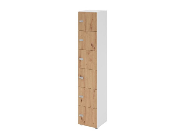 Hammerbacher Schließfachschrank schmal 6OH, 6 Türen, Korpus: weiß, Türen: Asteiche, 40 x 40 x 215,6 cm (BxTxH), Zahlenschloss, V264L6/W/R/ZS
