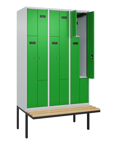 C+P Z-Spind Evolo PLUS, Bank, 6 Fächer, 2120x1200x815mm, 7035/6037, Zylinderschloss, Sitzfläche Holz, 0490437-326 S10035