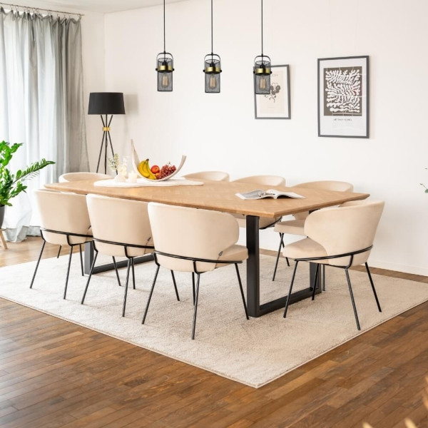 HOME DELUXE Essgruppe Eckig AVENCIA inklusive UFuß 240x120 cm Fishbone Oak 6 Stühle AMARA Samt Beige, 58515