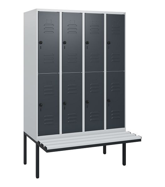 C+P Doppelstöckiger Spind Classic PLUS, 4 Abteile, 1950x1200x815mm, 7035/7016, Drehriegel, mit Untergestell und schwebender Sitzfläche, 0803405-40 S10068