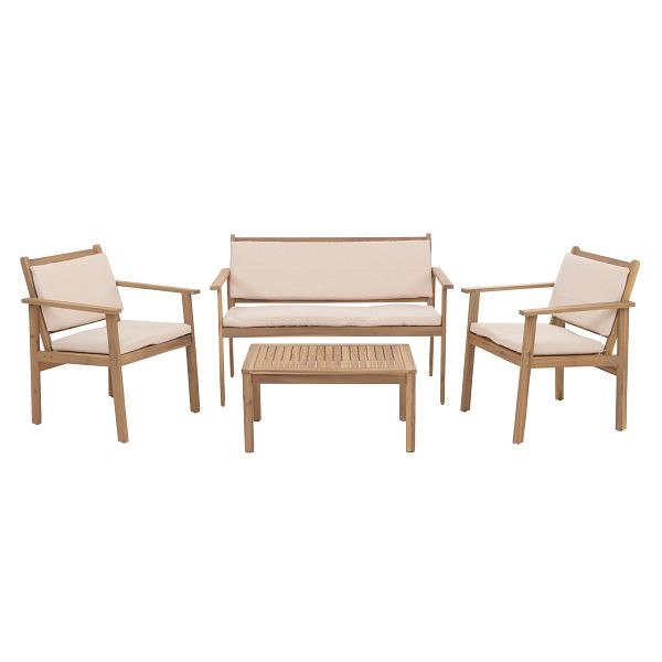 Mendler Garten-Garnitur HWC-O19, Lounge-Set Sitzgruppe Bank Sessel Tisch, Holz Akazie FSC® Stoff/Textil (180g/m²), Kissen beige, 110945+110946