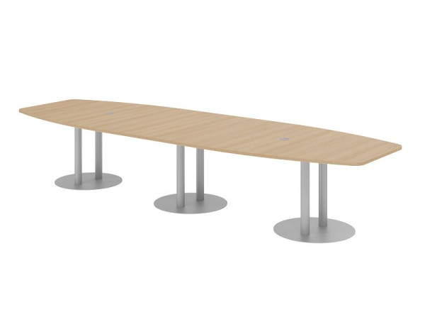 Hammerbacher Konferenztisch KT40S, 400 x 130 cm, Platte: Eiche, 25mm dick, mit drei silbernen Säulenfüßen, 7,6/70 cm, Arbeitshöhe 74 cm, VKT40S/E/S