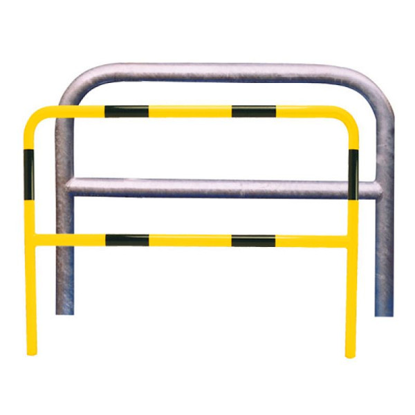 Stein HGS Anlehnbügel/Absperrbügel -Sylt-, 1200mm/700mm, gelb beschichtet mit schwarzen Streifen, mit Querholm, Bügel: Ø 48 mm, 21938b-gsw