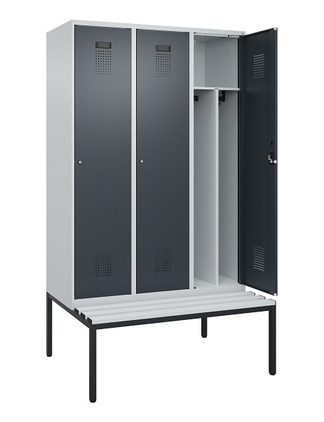 C+P Spind Evolo PLUS, 3 Abteile, 2120x1200x815mm, 7035/7016, Haken 4, Zylinderschloss, Sitzfläche Kunststoff, Sitzbank, Trennwand, 0490507-32F S10093