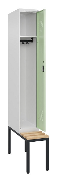 C+P Spind Evolo PLUS, 1 Abteile, 2120x300x815mm, 9016/6019, Haken 3, Zylinderschloss, Sitzfläche Buche-Hartholz, Sitzbank, 0490507-10 S10046