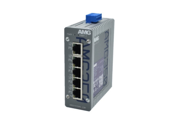 AMG Systems Industrieller 5 Port Unmanaged PoE Switch, 4x10/100/1000 RJ45 mit PoE, 48-56VDC, AMG350-4GAT-1G-P120