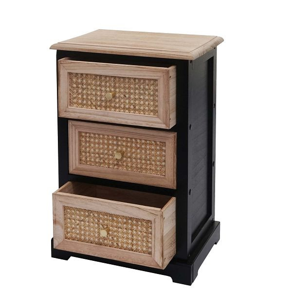 Mendler Kommode HWC-K87, Schubladenschrank Schrank, Holz Rattan 63x40x28cm, schwarz, naturfarben, 97674