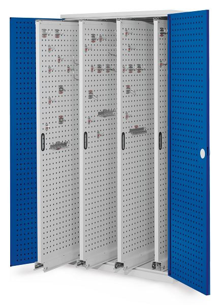 Kappes RasterPlan Vertikalschrank Modell 83, 1950 x 1000 x 600 mm, RAL 7035/5010, Lochplattentür, 4 Auszüge Lochplatten, 1464.01.3016
