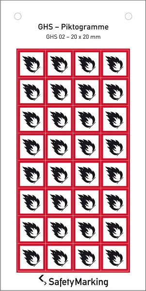 SafetyMarking GHS-Gefahrenpiktogramm, Symbol 02: Flamme, BxH 2x2 cm, Folie, selbstklebend, VE: 32 Stück/Bogen, 30.3550-02