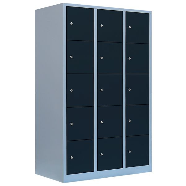 Lüllmann Schließfachschrank, 3 Abteile, 15 Fächer, 1800 x 1185 x 500 mm, lichtgrau/anthrazit, 523538