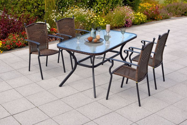 Merxx Roma Set 5-teilig, 4 Stapelsessel, 1 Tisch 150 x 85 cm, Glasplatte mit Geflechtrand, Graphit/Schoko, 50735-210