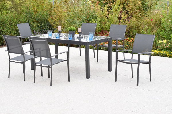 Merxx Milano Set 7-teilig, 6 Milano Stapelsessel, graphit/grau, 1 Ausziehtisch, 150 (210) x 90 cm, 51051-309