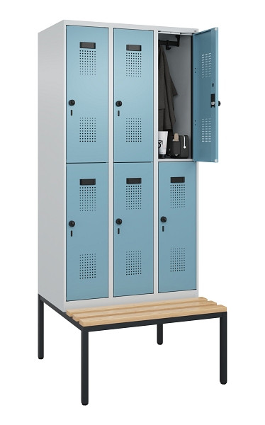 C+P Doppelstock-Spind Evolo PLUS, Bank, 6 Fächer, 2120x900x815mm, 7035/0010, Drehriegel, Sitzfläche Buche-Hartholz, Sitzbank, 0493507-30 S10009