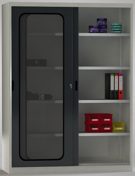 KLW Schiebetürenschrank mit Acrylglasfenster, Sicherheits-Gummieinfassung, H: 2000 B: 1500 T: 525mm, Mitteltrennwand, 7SN-SL2000FB-2015MRB