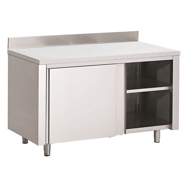 Gastro-Inox Edelstahl AISI 430 Arbeitsschrank mit Schiebetüren und Aufkantung, 1300x700x850mm, verstärkt mit 18mm dicker, beschichteter Spanplatte, 302.121