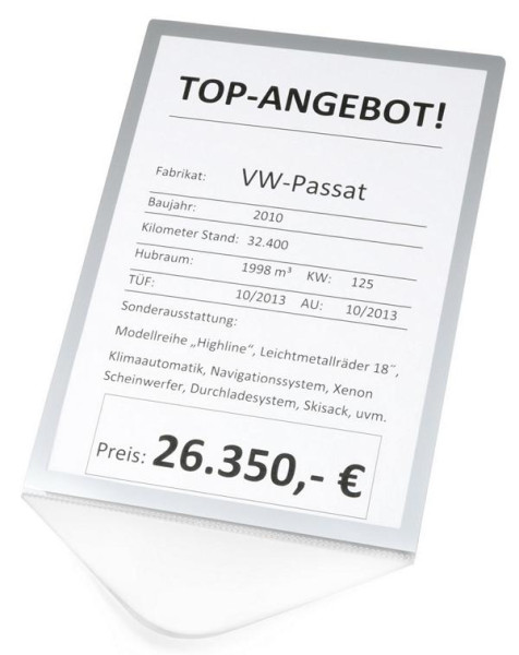 Eichner Preisblatthalter A4 Hochformat zur Preisauszeichnung, inkl. silbernem Rand 1-farbig bedruckt, VE: 5 Stück, 9219-01030