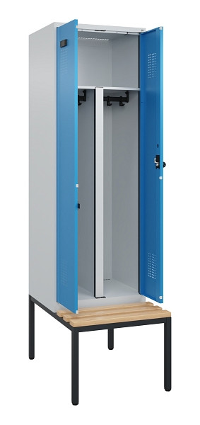 C+P PSA Doppel-Spind Evolo PLUS, Bank, 2 Abteile, 2120x600x815mm, 7035/5012, Drehriegel, Sitzfläche Buche-Hartholz, Sitzbank, 0490527-20P S10007