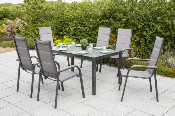 Merxx Triviero Set 7-teilig, 6 Stapelsessel, gepadded, 1 Tisch 150 x 90 cm, graue Glasplatte, graphit/diamantbraun, 50300-217