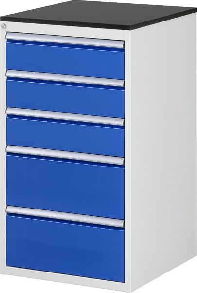 RAU Schubladenschrank Serie 7000, B580 x T650 x H1030 mm, 5 x Schublade-Größe-L 3xH150, 2xH240 mm, Arbeitsplatte mit Melaminharzbeschichtung, 03-L7.4A-M.11