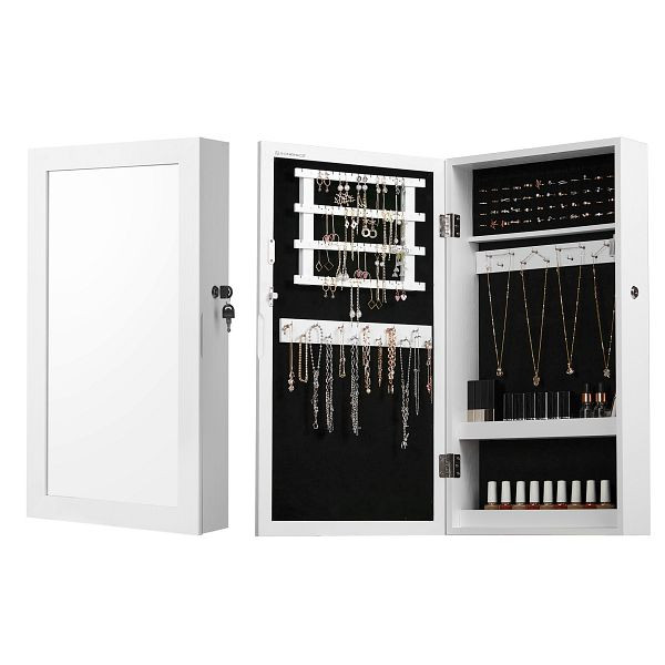 SONGMICS Weißer verspiegelter abschließbarer Schmuckschrank, wandmontierter Schmuck-Organizer, Geschenkidee, JBC51W