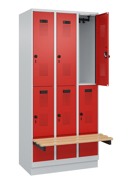 C+P Doppelstock-Spind Evolo PLUS, Bank, 6 Fächer, 1950x900x815mm, 7035/3020, Drehriegel, Sitzfläche Buche-Hartholz, mit Sockel, 049340-30 S10005