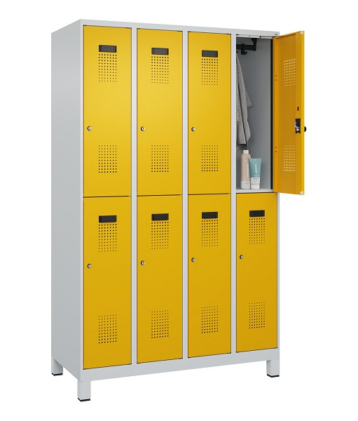C+P Doppelstöckiger Spind Evolo PLUS, mit Füßen, 8 Fächer, 1950x1200x500mm, 703, Frontfarbe RAL 1004 Goldgelb, Zylinderschloss, 049310-40 S10027
