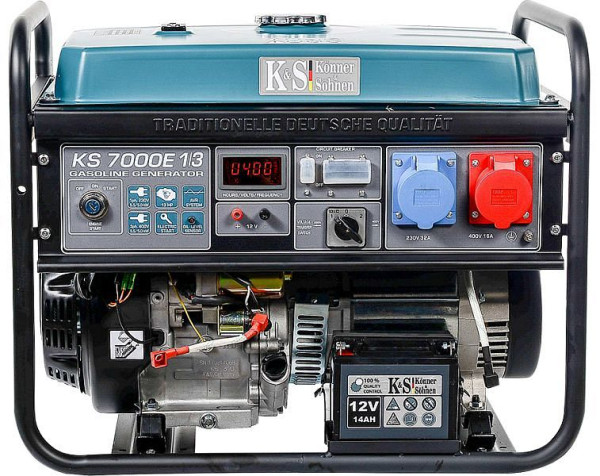 Könner & Söhnen 5500W Benzin E-start Stromerzeuger, 1x32A(230V)/1x16A(400V), 12V, Voltregler, Ölmangelsicherung, Überspannungsschutz, Anzeige, KS 7000E-1/3