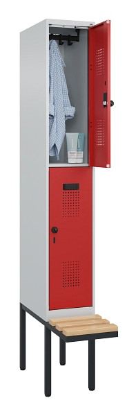 C+P Doppelstock-Spind Evolo PLUS, Bank, 2 Fächer, 2120x300x815mm, 7035/3000, Drehriegel, Sitzfläche Buche-Hartholz, 0493407-10 S10003