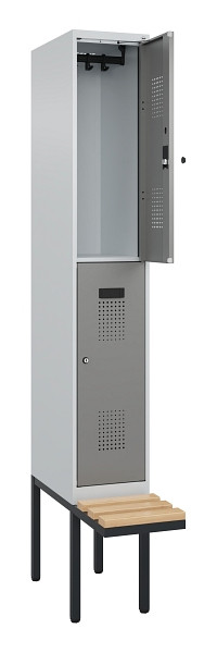 C+P Doppelstock-Spind Evolo PLUS, Bank, 2 Fächer, 2120x300x815mm, 7035/0004, Zylinderschloss, Sitzfläche Buche-Hartholz, 0493407-10 S10041