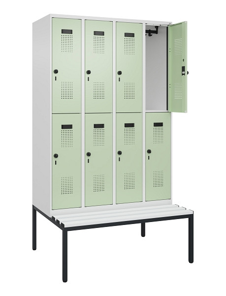 C+P Doppelstock-Spind Evolo PLUS, Bank, 8 Fächer, 2120x1200x815mm, 9016/6019, Drehriegel, Sitzfläche Kunststoff, Sitzbank, 0493507-40 S10100