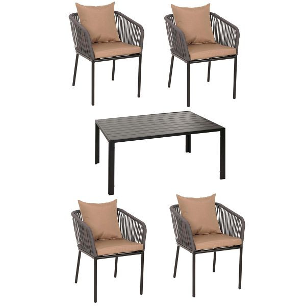 Mendler Gartengarnitur HWC-N41, Tisch+4xStuhl, wetterfest Alu 140x80cm, Seilgeflecht Rope, anthrazit Kissen taupe, 106601+2x106616