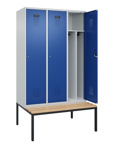 C+P Spind Evolo PLUS, 3 Abteile, 2120x1200x815mm, 7035/5010, Haken 4, Zylinderschloss, Sitzfläche Buche-Hartholz, Sitzbank, Trennwand, 0490507-32F S10033
