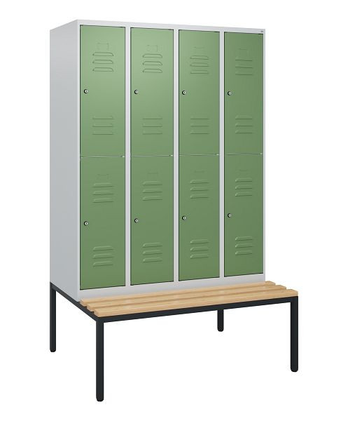 C+P Doppelstöckiger Spind Classic PLUS, 4 Abteile, 1950x1200x815mm, 7035/6011, Zylinderschlösser, Buche-Sitzleisten, Sitzbank, 0803505-40 S10036